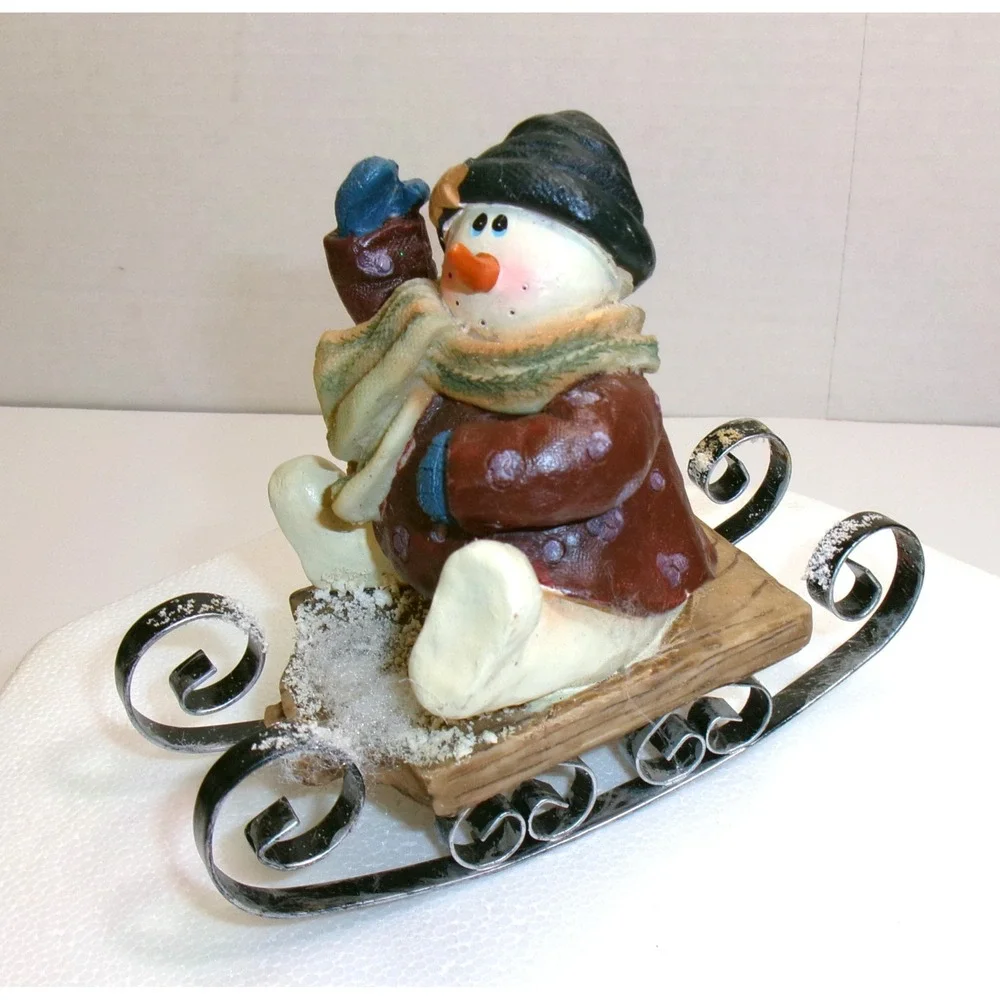 Snowman Set‎ of 3 Figurines Resin with Cherry Pie, Glass & Sledding Vintage